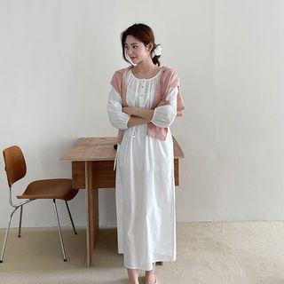 Round-neck Shirred Dress With Cord