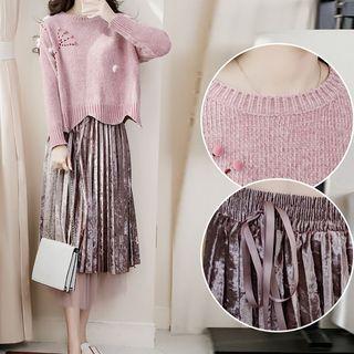 Set: Bobble Trim Sweater + Pleated Midi Skirt