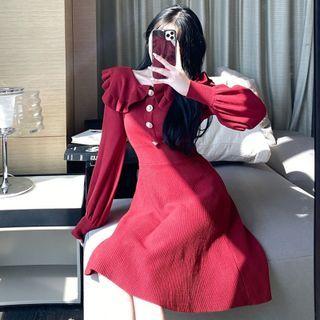 Lantern-sleeve Collared Knit Mini A-line Dress