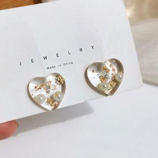 Faux Pearl Heart Ear Stud 1 Pc - S925 Silver - Gold - One Size