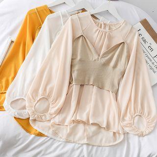 Set: Loose-fit Chiffon Top + Knit Vest