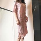 Short-sleeve Crinkled Midi Shift Dress