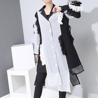 Ruffle Trim Long-sleeve Shirt Dress As Shown In Figure - One Size