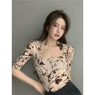 Elbow-sleeve Floral T-shirt Brown Floral - Light Almond - One Size