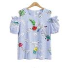Flower Print Short-sleeve Cold-shoulder Blouse