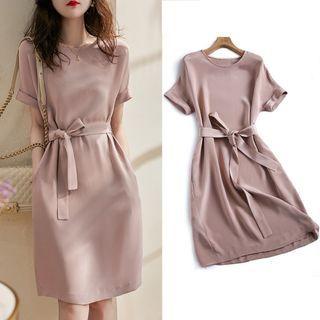 Elbow-sleeve Sashed Plaid Midi Dress