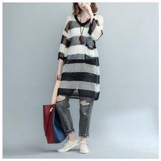 3/4-sleeve Striped Knit Long Top