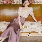 Set: Square-neck Puff-sleeve Lace Top + Midi A-line Skirt