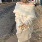 Off-shoulder Furry-knit Oversize Sweater / High Waist Straight Leg Pants