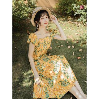 Puff-sleeve Floral Print Square-neck A-line Midi Dress