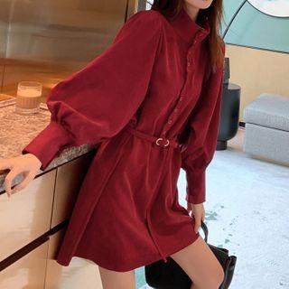Lantern-sleeve Henley Mini Shirtdress
