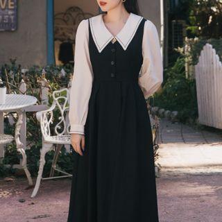 Set: Collar Blouse + Midi A-line Overall Dress