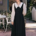 Set: Collar Blouse + Midi A-line Overall Dress