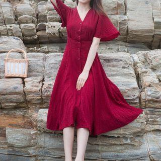 V-neck Short-sleeve Midi A-line Chiffon Dress