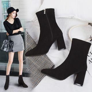 Velvet Chunky-heel Zip Short Boots