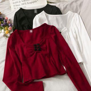 Ribbon-accent Ruched V-neck Crop Top