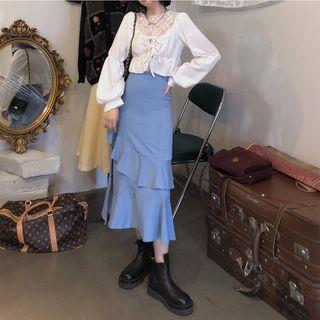Lace Up Blouse / Ruffle Midi Skirt