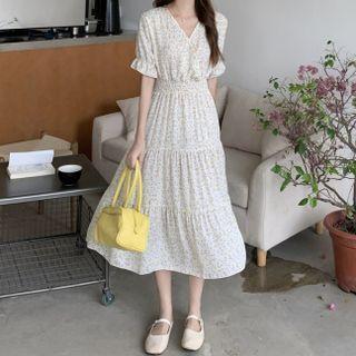 Short-sleeve V-neck Floral Midi A-line Dress Floral - Yellow - One Size