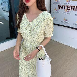 Floral Tie-waist Short-sleeve Dress Light Yellow - One Size