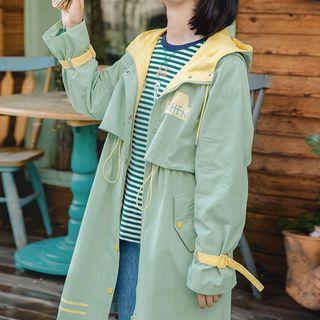 Kitten Print Color-block Hooded Long Jacket
