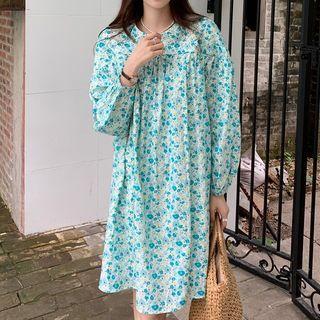 Long-sleeve Floral A-line Dress White & Blue - One Size