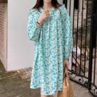 Long-sleeve Floral A-line Dress White & Blue - One Size
