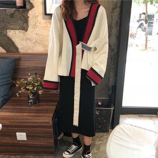 Color-block Loose-fit Cardigan / Plain Sleeveless Dress
