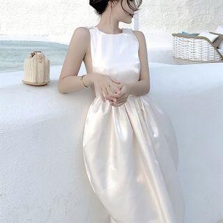 Sleeveless Open Back Satin Midi A-line Dress