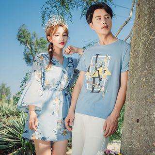 Couple Matching Printed Short-sleeve T-shirt / 3/4-sleeve Playsuit