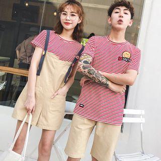 Couple Matching Striped Short-sleeve T-shirt / Pocket Detail Jumper Shorts / Shorts