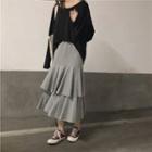 Long-sleeve T-shirt / Frilled A-line Midi Skirt