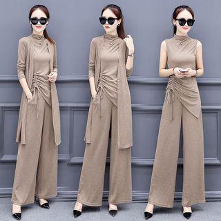 Set: Striped Tank Top + Long Jacket + Wide-leg Pants