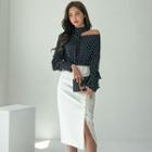 Cold-shoulder Ruffled Dotted Blouse / Buttoned Midi Pencil Skirt