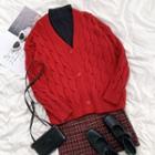 Long-sleeve Plain Cable Knit Cardigan / Plaid A-line Mini Skirt