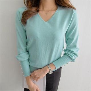 V-neck Faux-pearl Blouson Knit Top