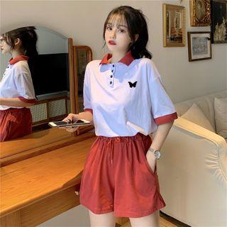 Butterfly Print Elbow-sleeve Polo Shirt / High-waist Shorts