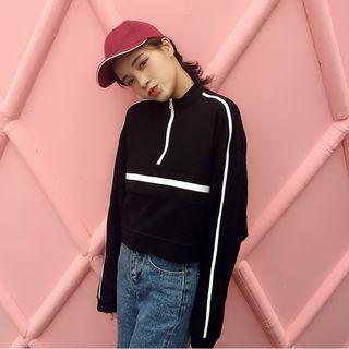 Faux-leather Panel Mock-neck Long-sleeve Cropped Top