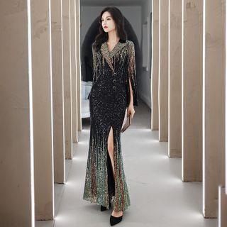 Elbow-sleeve Sequined Evening Dress