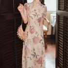 Short-sleeve Floral Print Midi A-line Qipao Dress