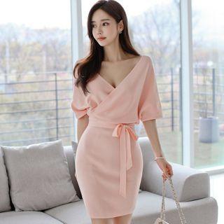 Elbow-sleeve Mini Sheath Knit Dress Pink - One Size
