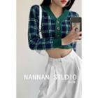 Contrasted-trim Plaid Cropped Cardigan