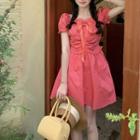 Puff-sleeve Ribbon Mini A-line Dress Watermelon Red - One Size