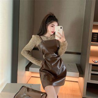 Long-sleeve Ruffled Plain Top / Sleeveless Cutout Faux Leather Dress