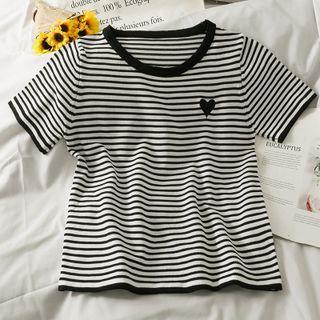 Heart-embroidered Striped Crop Knit Top White - One Size