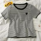 Heart-embroidered Striped Crop Knit Top White - One Size