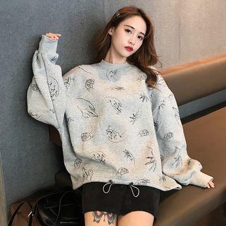 Drawstring Hem Print Cropped Pullover