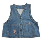 Rabbit Embroidered Button-up Denim Vest Blue - One Size