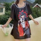 Set: Tankini + Short-sleeve Cartoon Print Cover-up