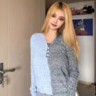 Long-sleeve Two-tone Knit Top Blue - One Size