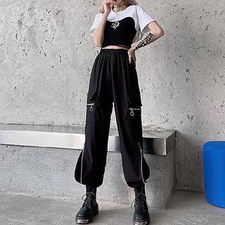 Set: Short-sleeve Crop Top + Zipped Cropped Harem Pants + Printed Lace Up Cropped Camisole Top